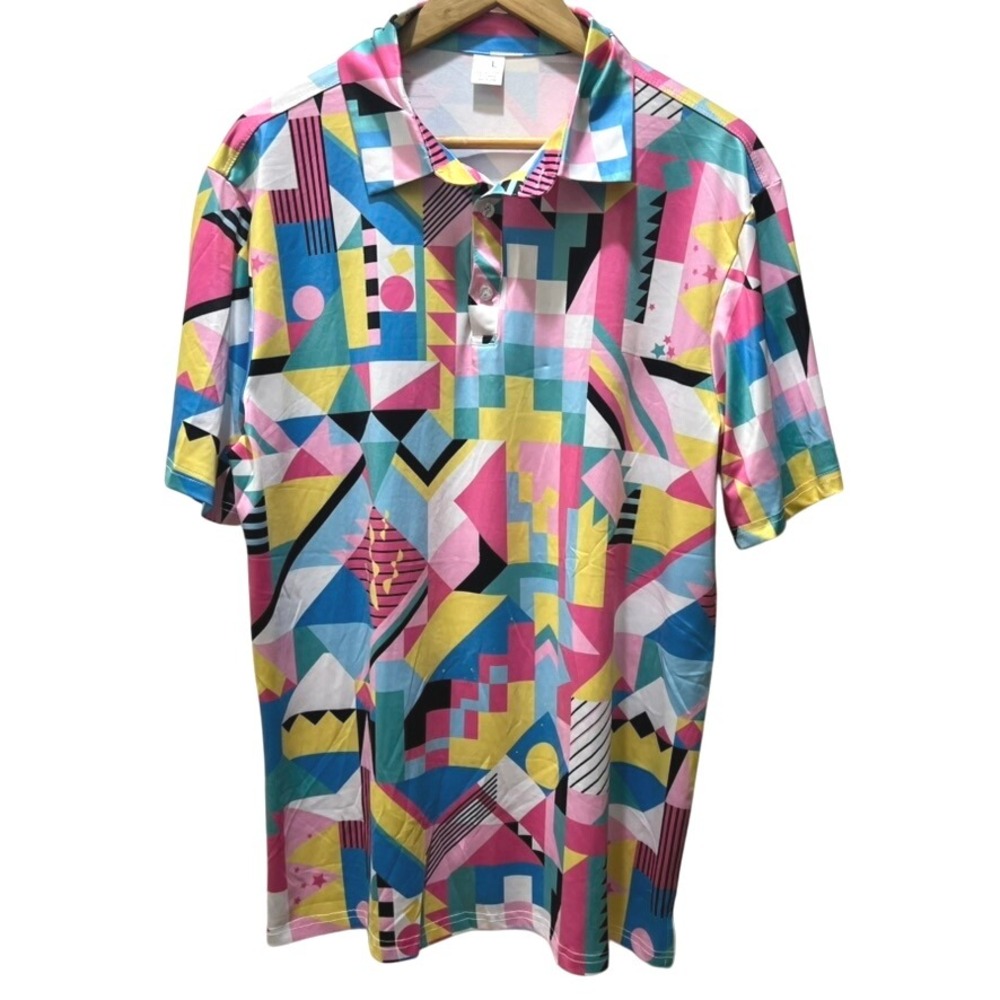 Vintage 90s Style Polo Shirt Large Multicolor Geometric Retro Print Short Sleeve